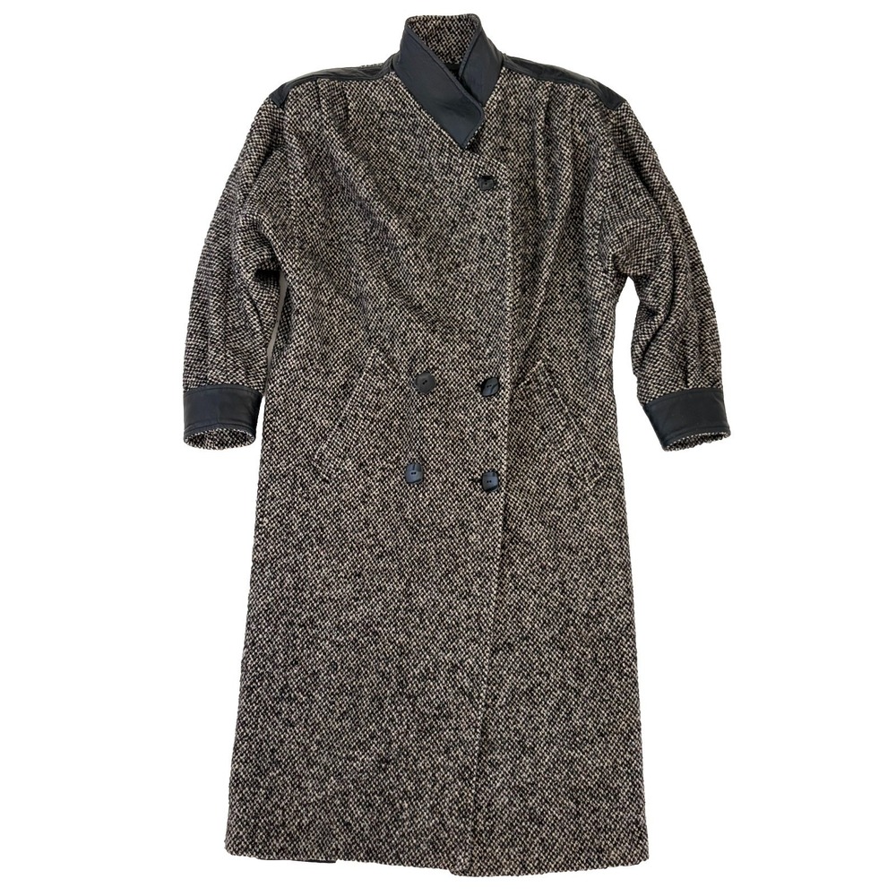 VTG Donnybrook Coat Womens Medium Black Ivory Wool USA 80s‎ Leather Trim Large
